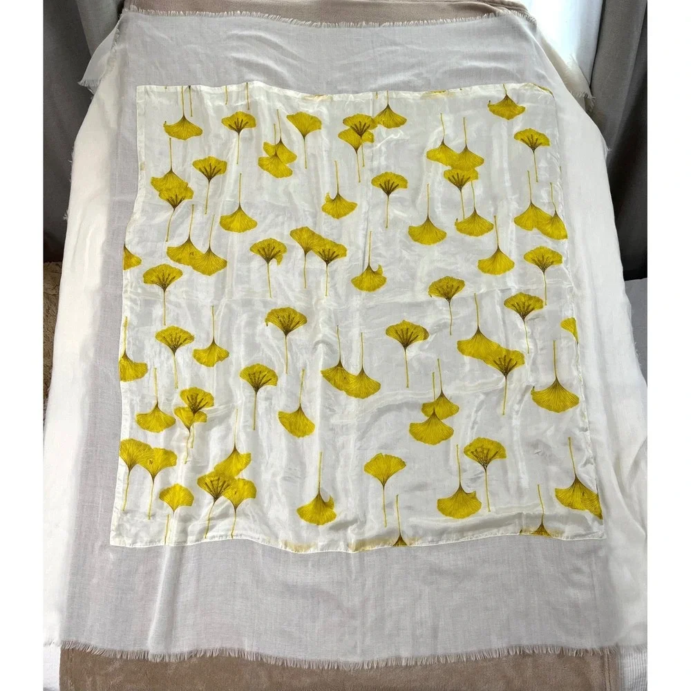 Anthropologie Citrus Ginkgo Leaf Embroidered SilkWool Scarf Yellow NEW MSRP$118